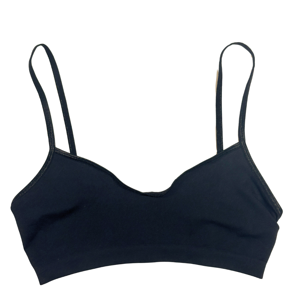 A black wireless bralette with thin adjustable shoulder straps, shown flat against a solid white background.