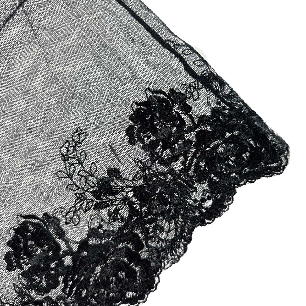 Close-up of black lace fabric with floral patterns on a white background