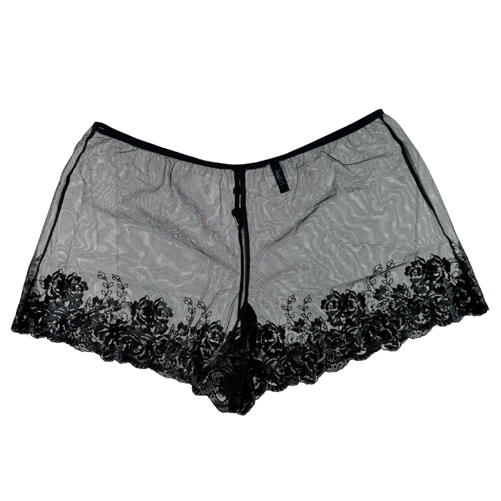 Gray lace underwear with black floral embroidery on a white background