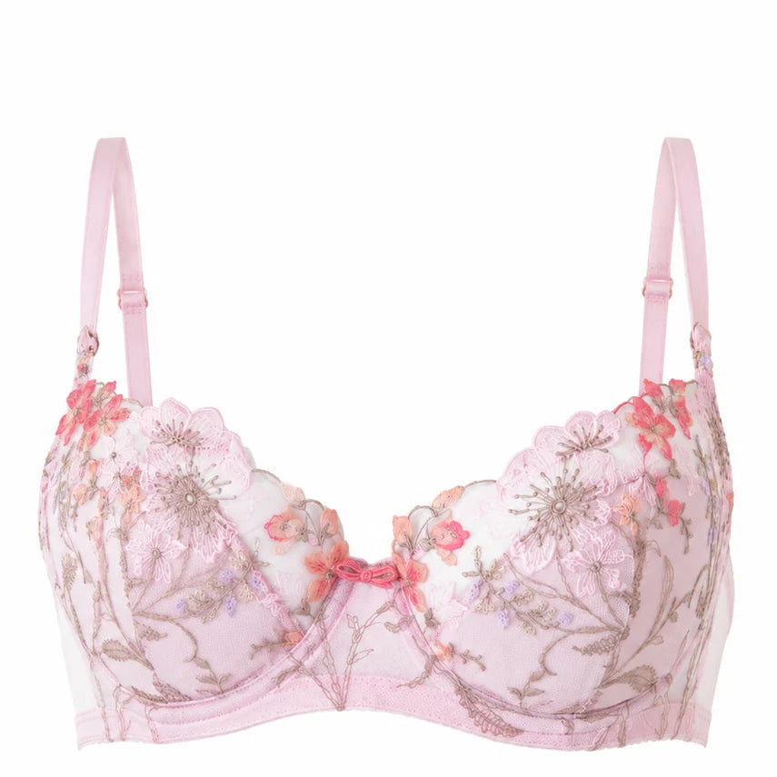 pink floral embroidered lace bra against a white background.