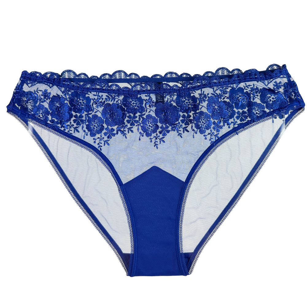Blue lace underwear on a white background