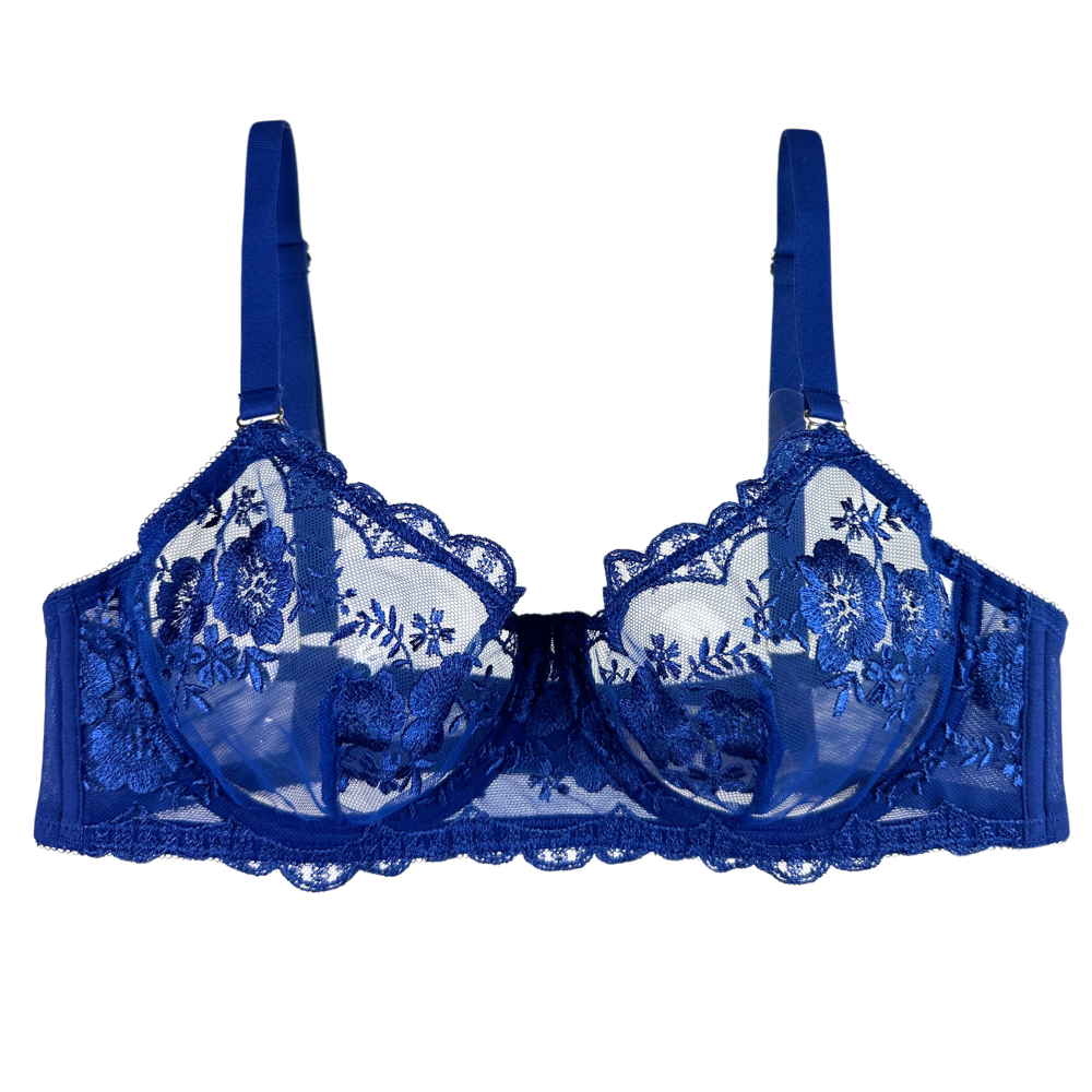 Blue lace bra on a white background