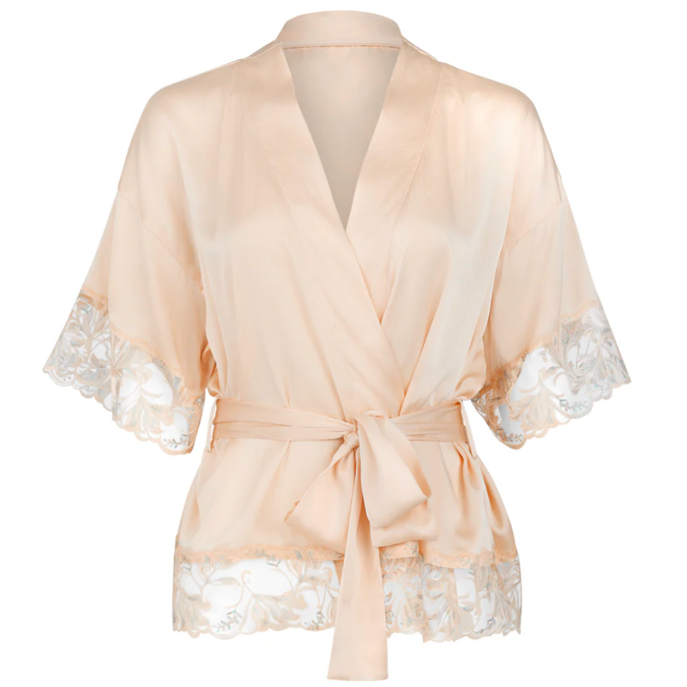 Beige satin robe with lace trim on a white background