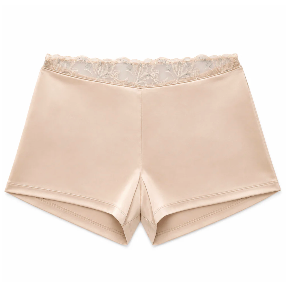Beige women's underwear with lace waistband on a white background