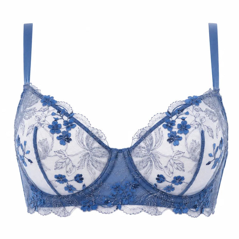 A blue, embroidered underwire bra. 
