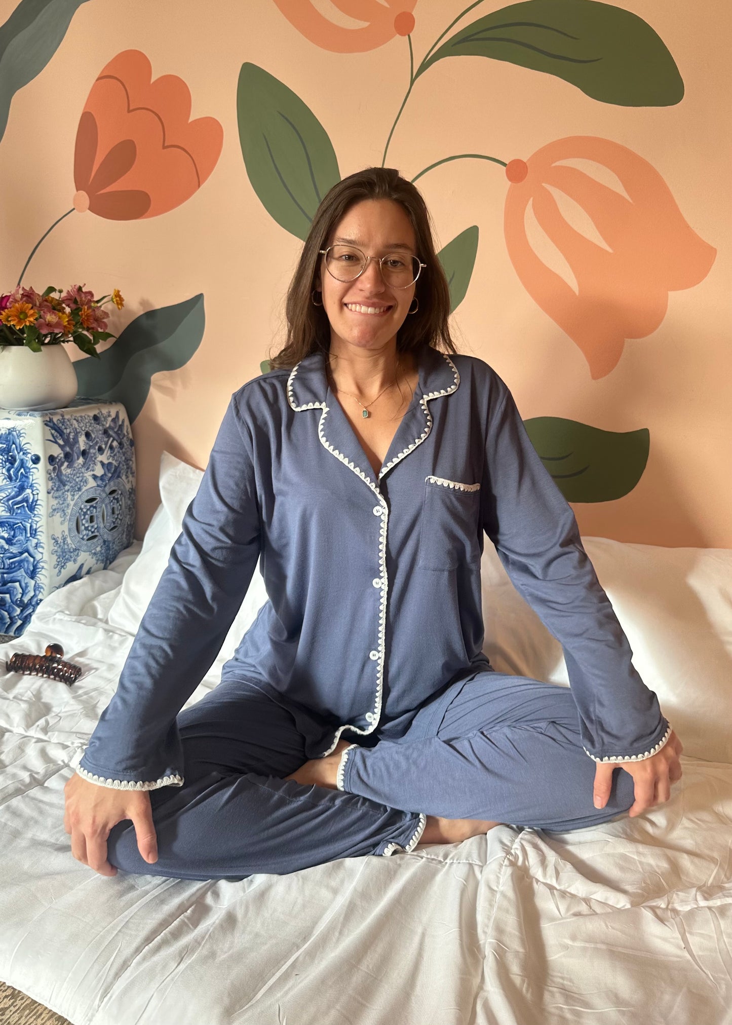 Eberjey Frida Long PJ Set - Nightshadow and Ivory