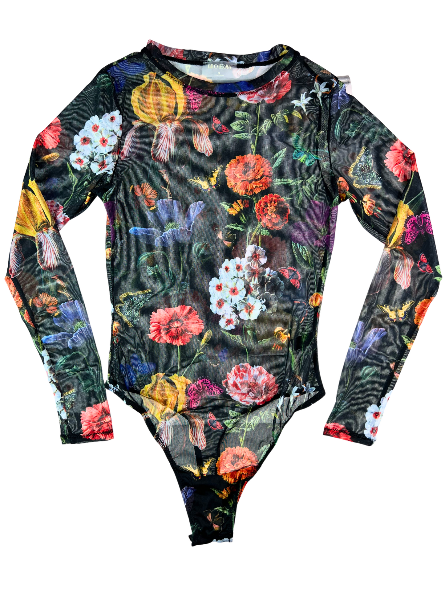 A long-sleeve bodysuit with a floral mesh print and a thong back.