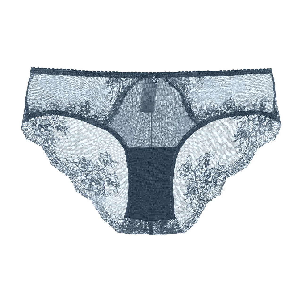 Light navy blue lace underwear on a white background