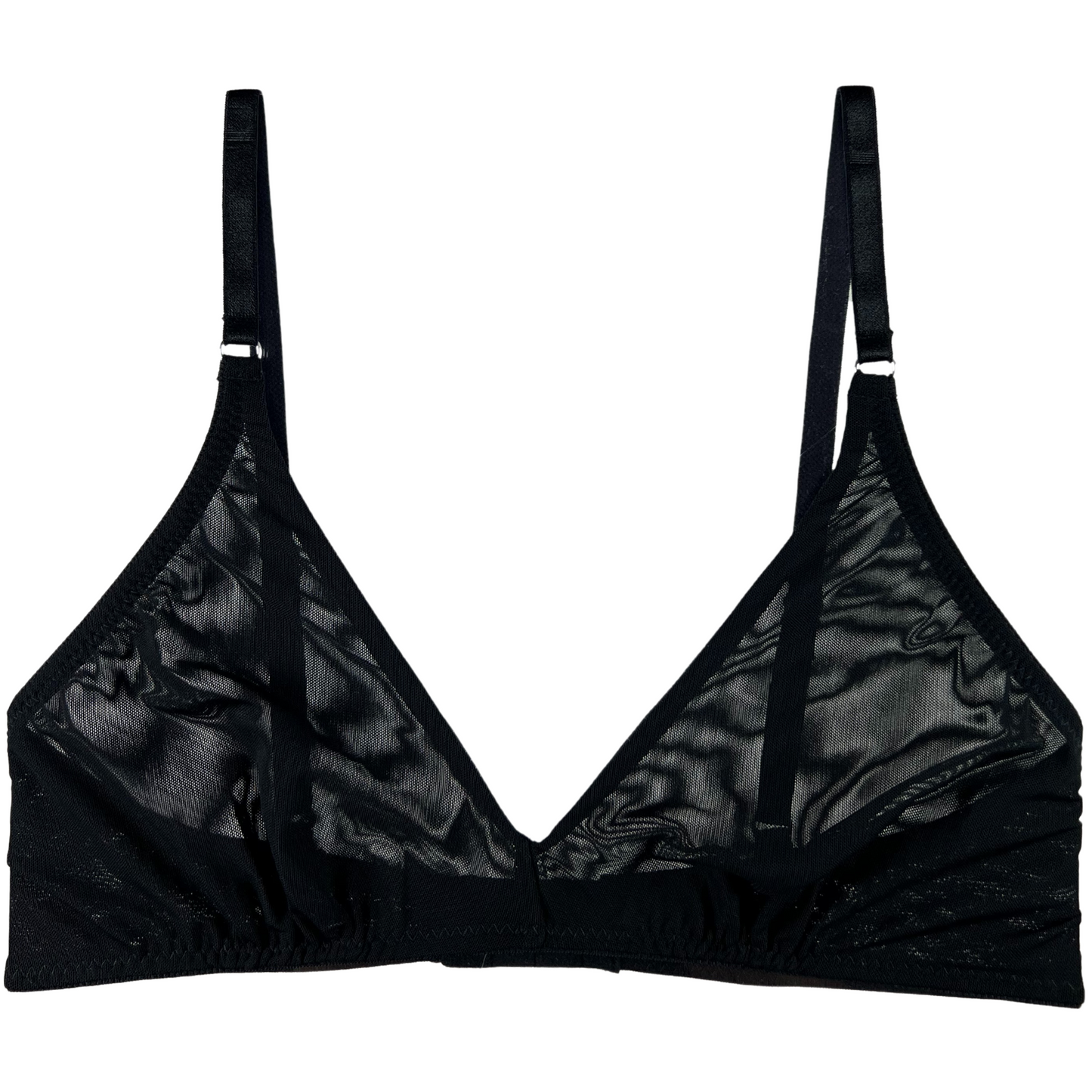 A black mesh, wireless bralette with adjustable straps and a deep V neckline.