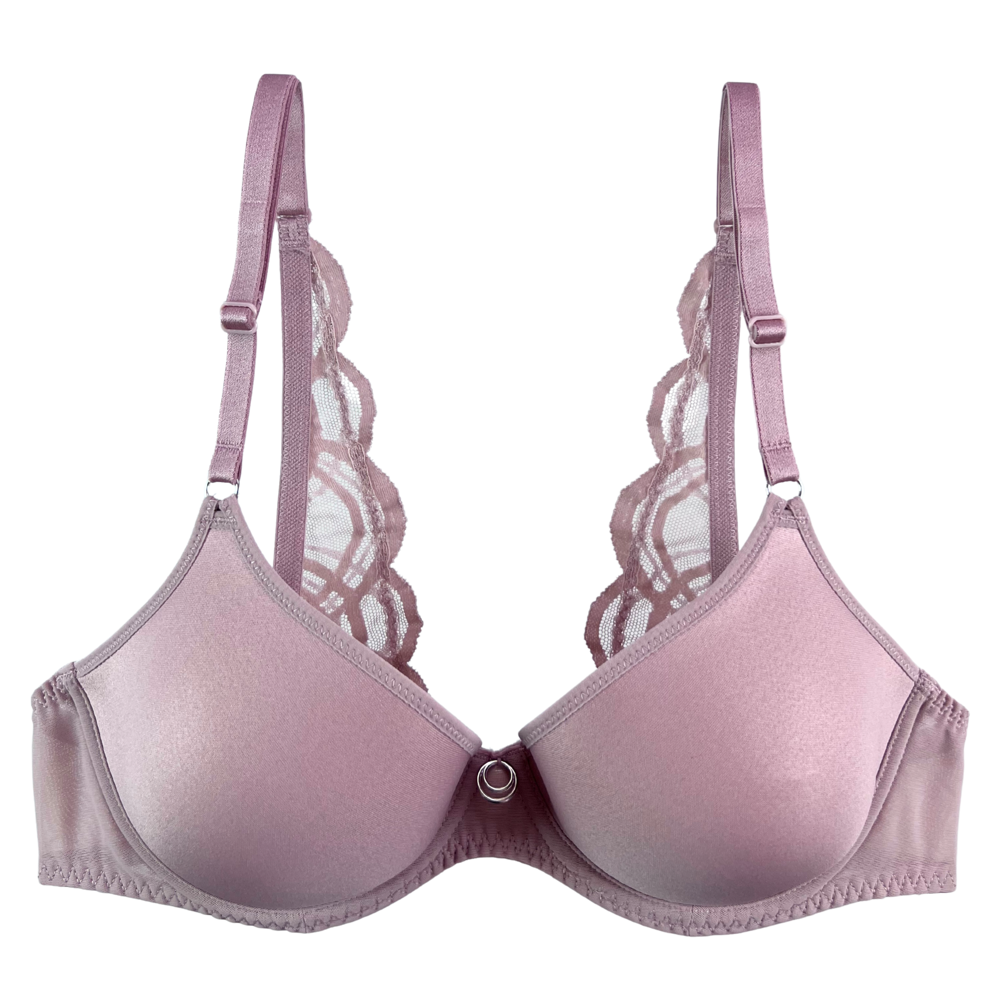 Pink bra with lace details on a white background