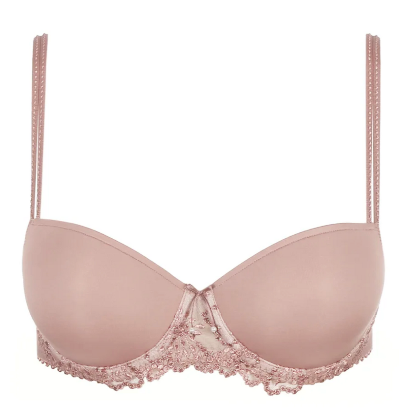 A pink, wire-supported balcony bra with adjustable straps and demi-coverage cups with lace detailing.