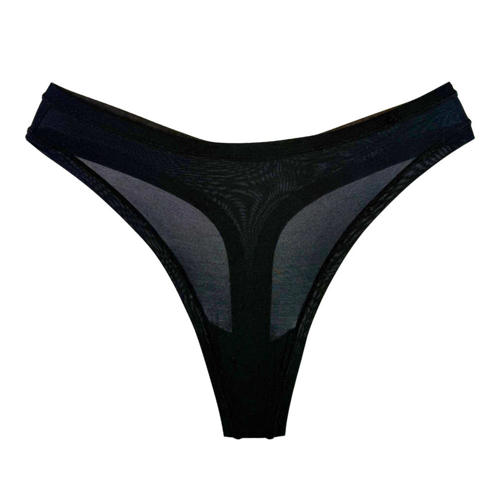 Black sheer mesh thong underwear with a solid black waistband and leg straps, shown flat against a white background.