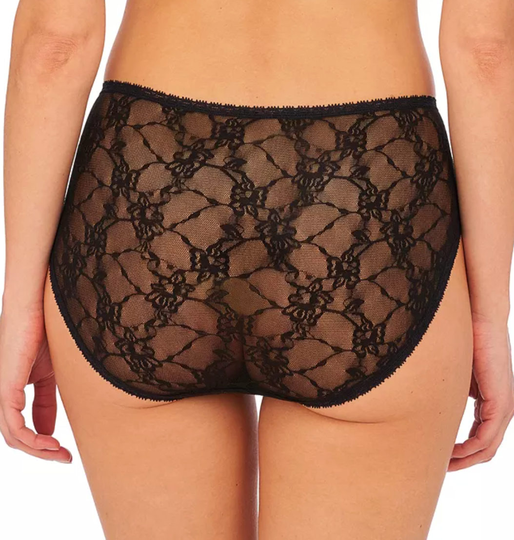 Rear view of a model wearing black lace high-waisted briefs against a plain white background.