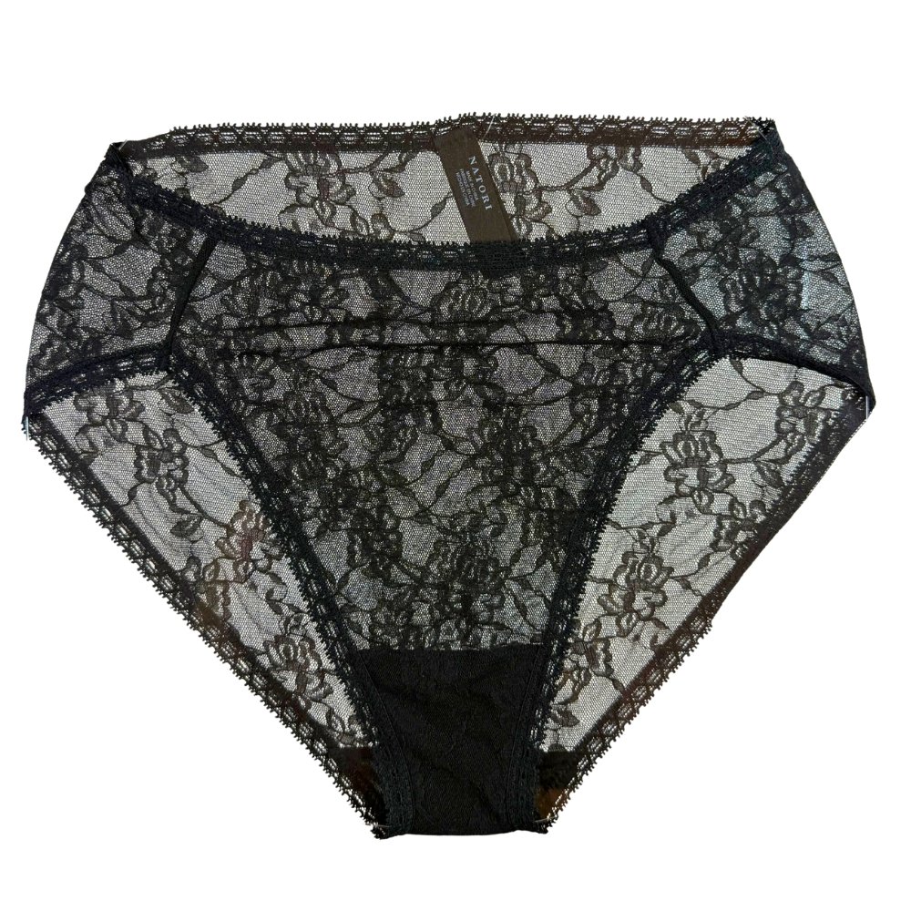Black lace high-waisted briefs with a sheer floral lace pattern and solid black trim, shown flat against a white background.