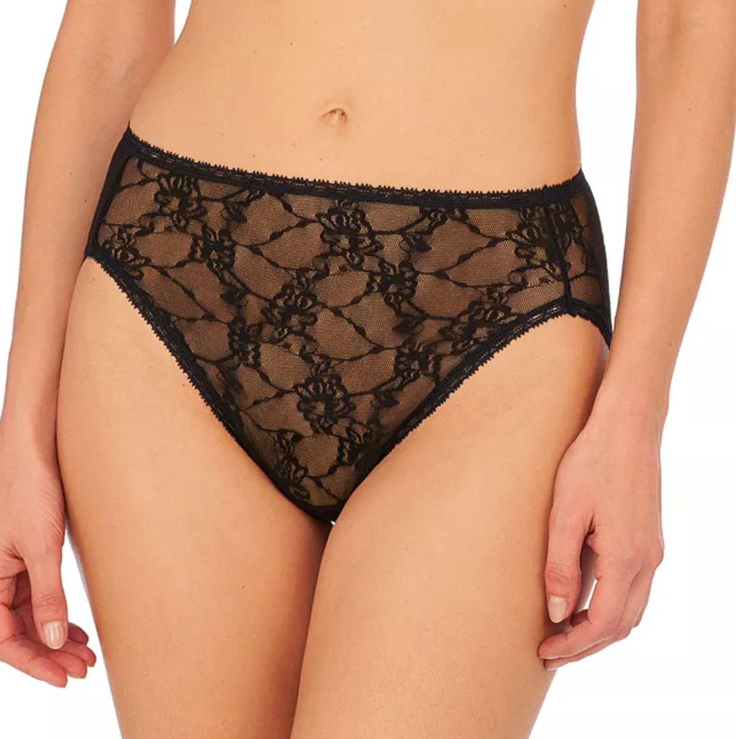 Black lace high-waisted briefs worn by a model, shown from the waist to upper thighs against a plain white background.