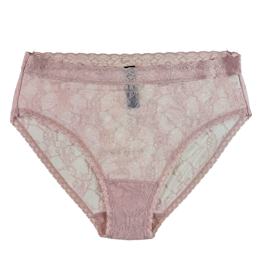 Light pink lace briefs with a scalloped waistband and leg openings, shown flat against a white background.