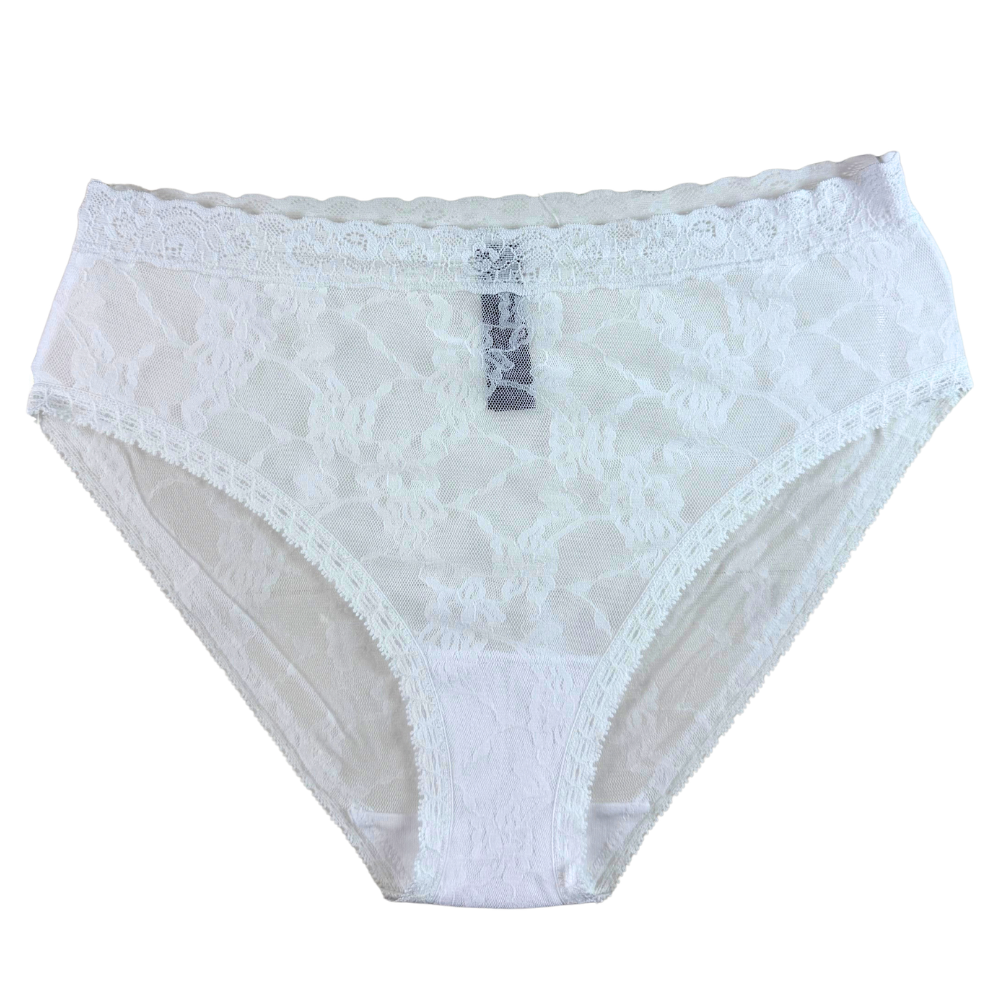 White lace briefs with a scalloped lace waistband and leg openings, shown flat against a white background.