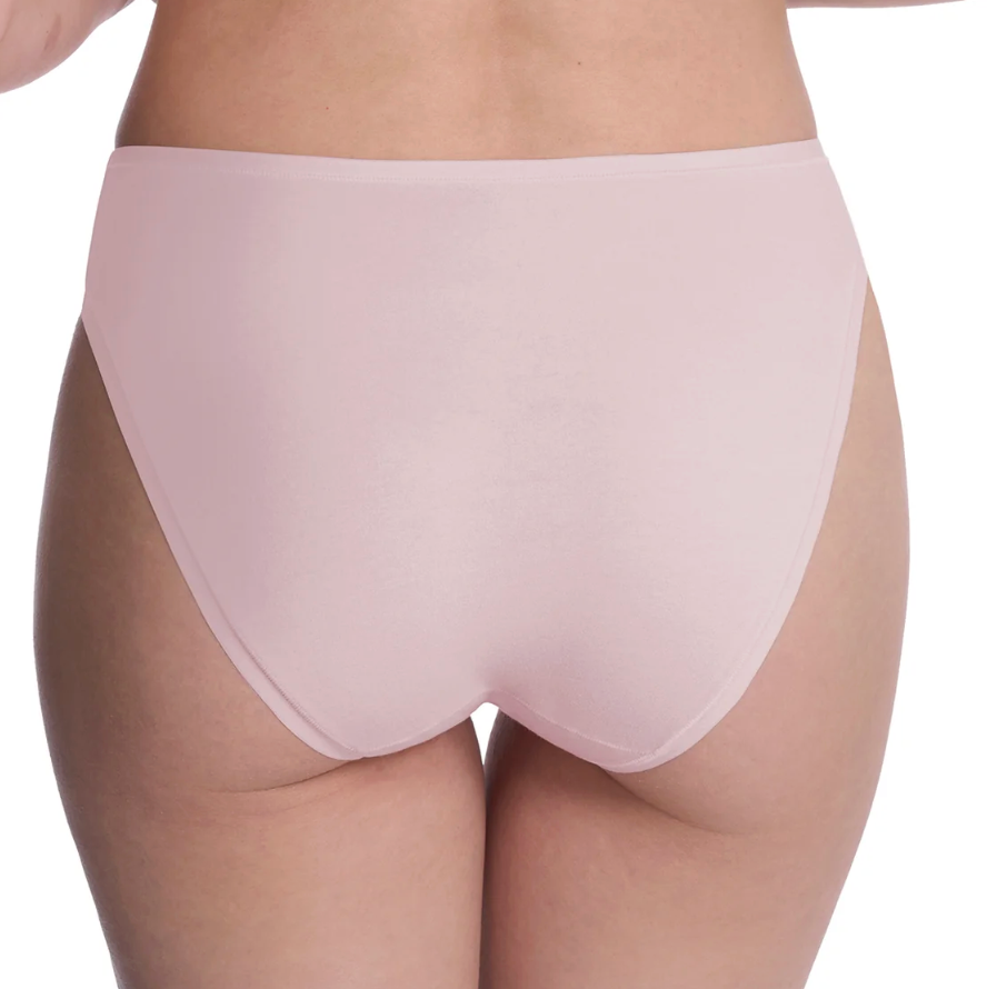 Rear view of a model wearing high-waisted, seamless light pink underwear against a white background.