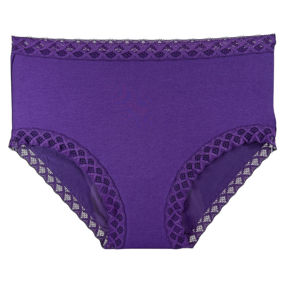 Purple women's briefs with black lace trim along the waistband and leg openings, shown flat against a white background.