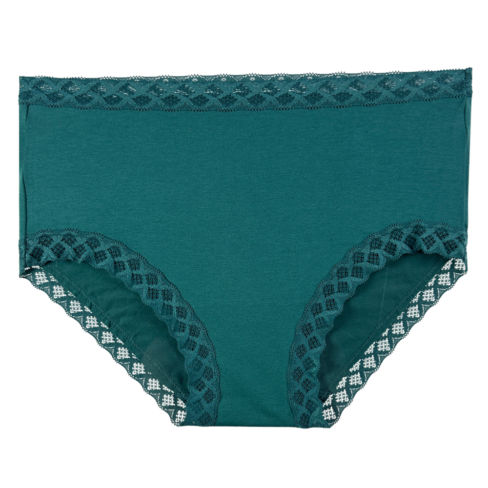 A pair of women's high-waisted briefs in teal green, featuring a decorative lace trim along the waistband and leg openings, displayed against a solid white background.