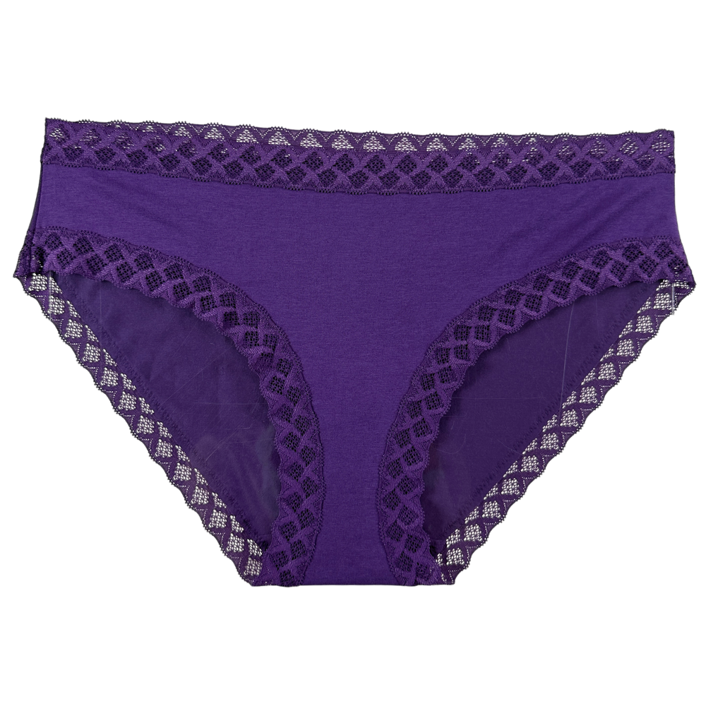 Purple lace-trimmed briefs with a solid purple fabric body, shown flat against a white background.