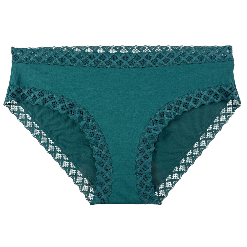 A pair of women's briefs in teal green with dark green lace trim along the waistband, leg openings, and center front, shown flat against a white background.