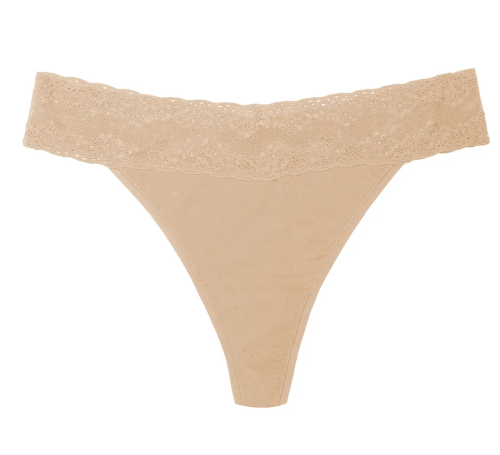 beige thong on white