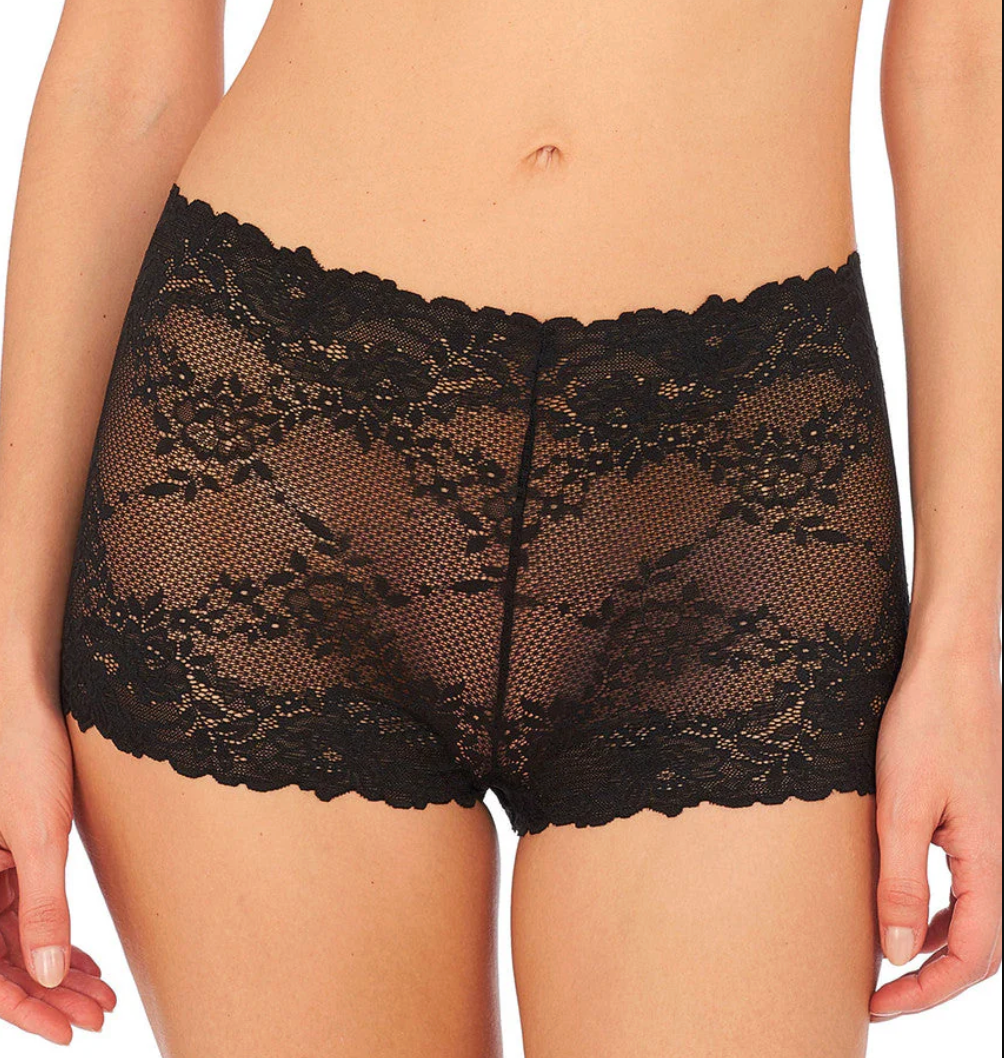 Black lace high-waisted briefs shown on a model, featuring a sheer floral lace pattern and scalloped edges.
