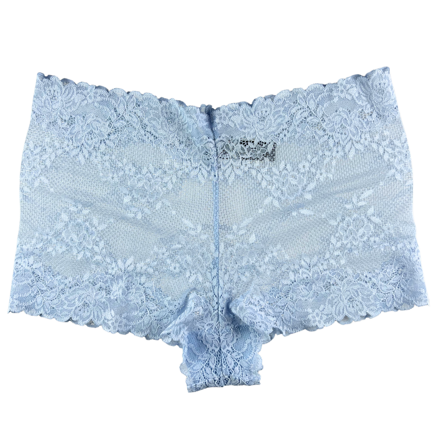 A pair of white, mid-rise lace boyshort underwear with scalloped edges at the waist and leg openings.