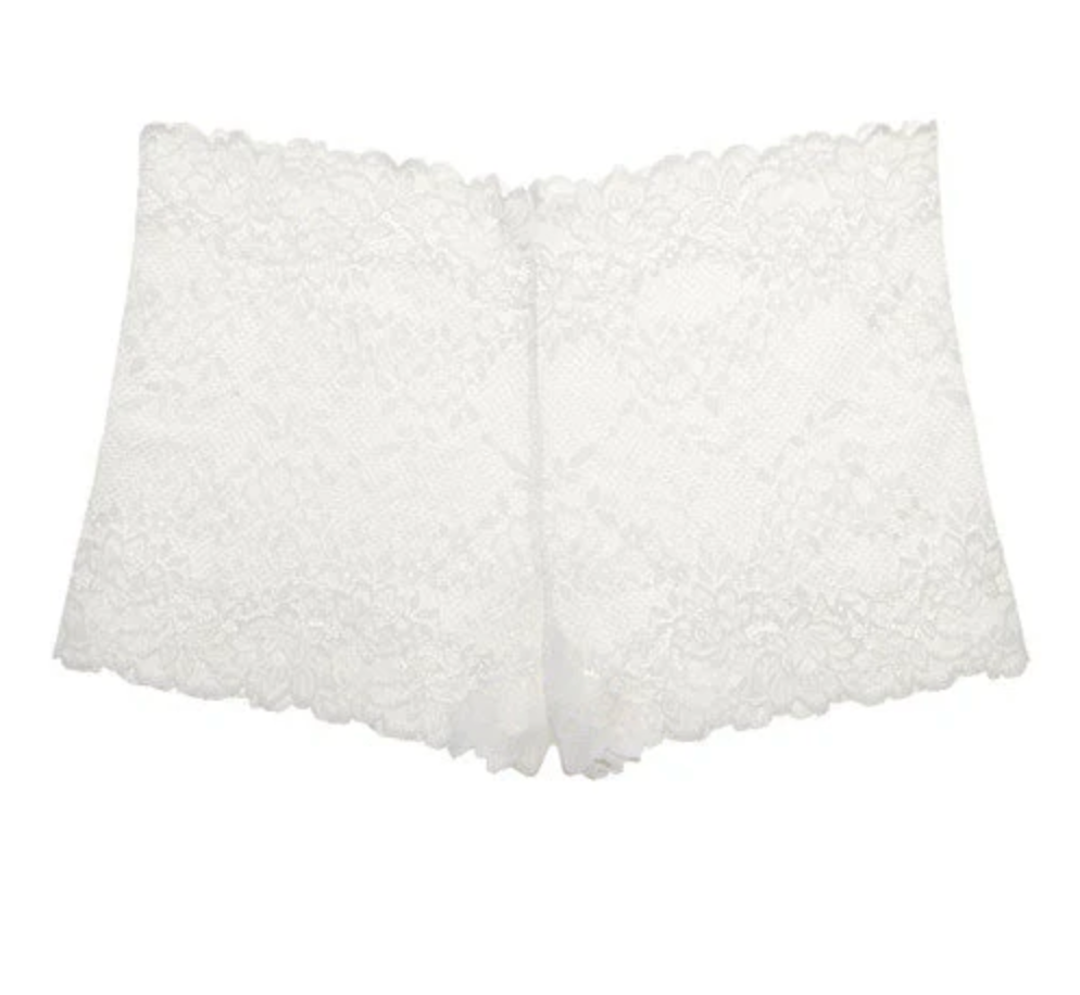 A pair of white, mid-rise lace boyshort underwear with scalloped edges at the waist and leg openings.