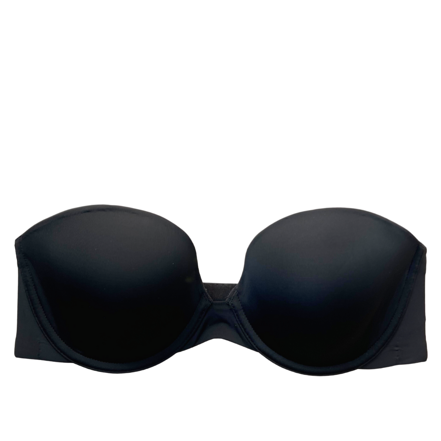 A black strapless bra with molded cups and a simple double layer elastic band.
