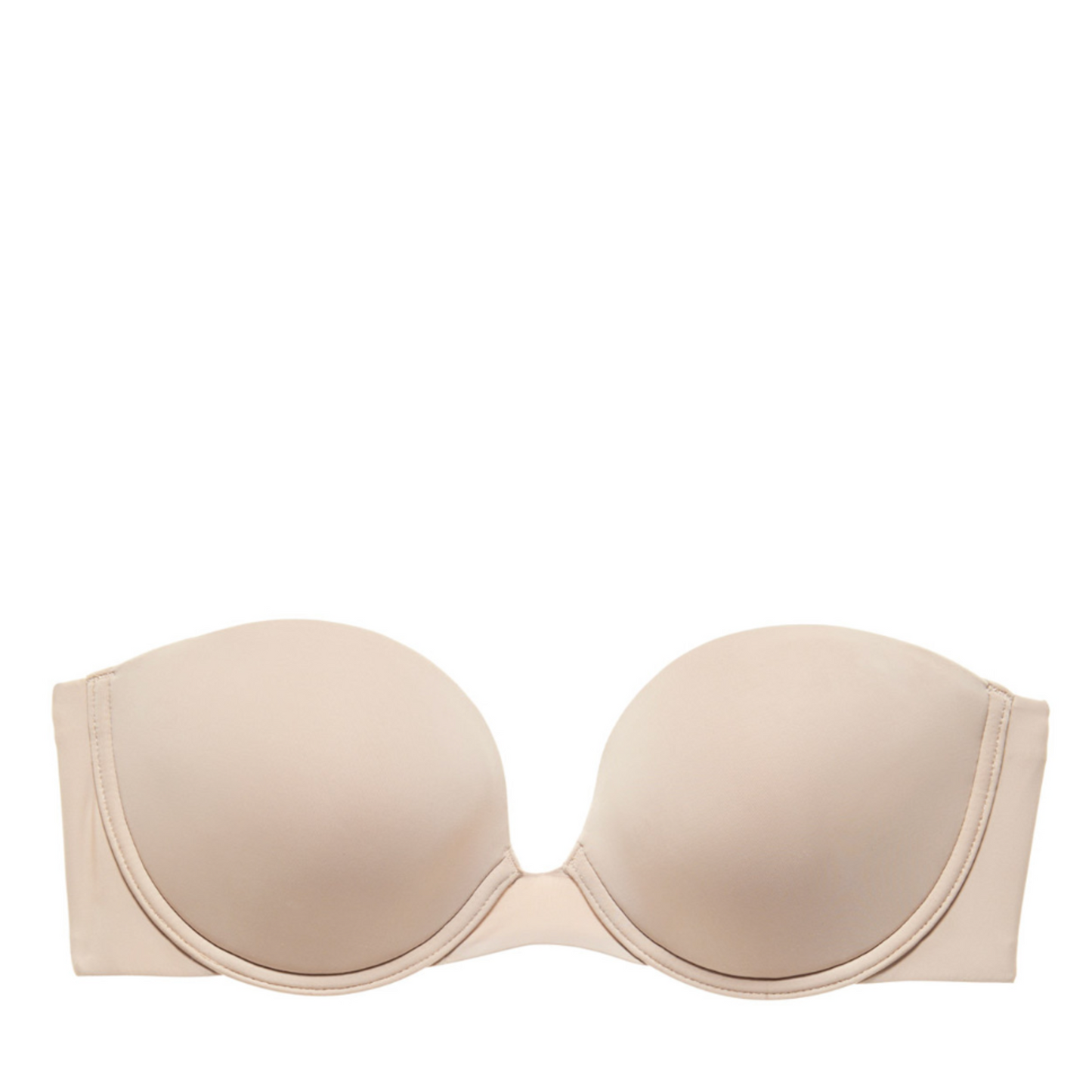 A black strapless bra with molded cups and a simple double layer elastic band.