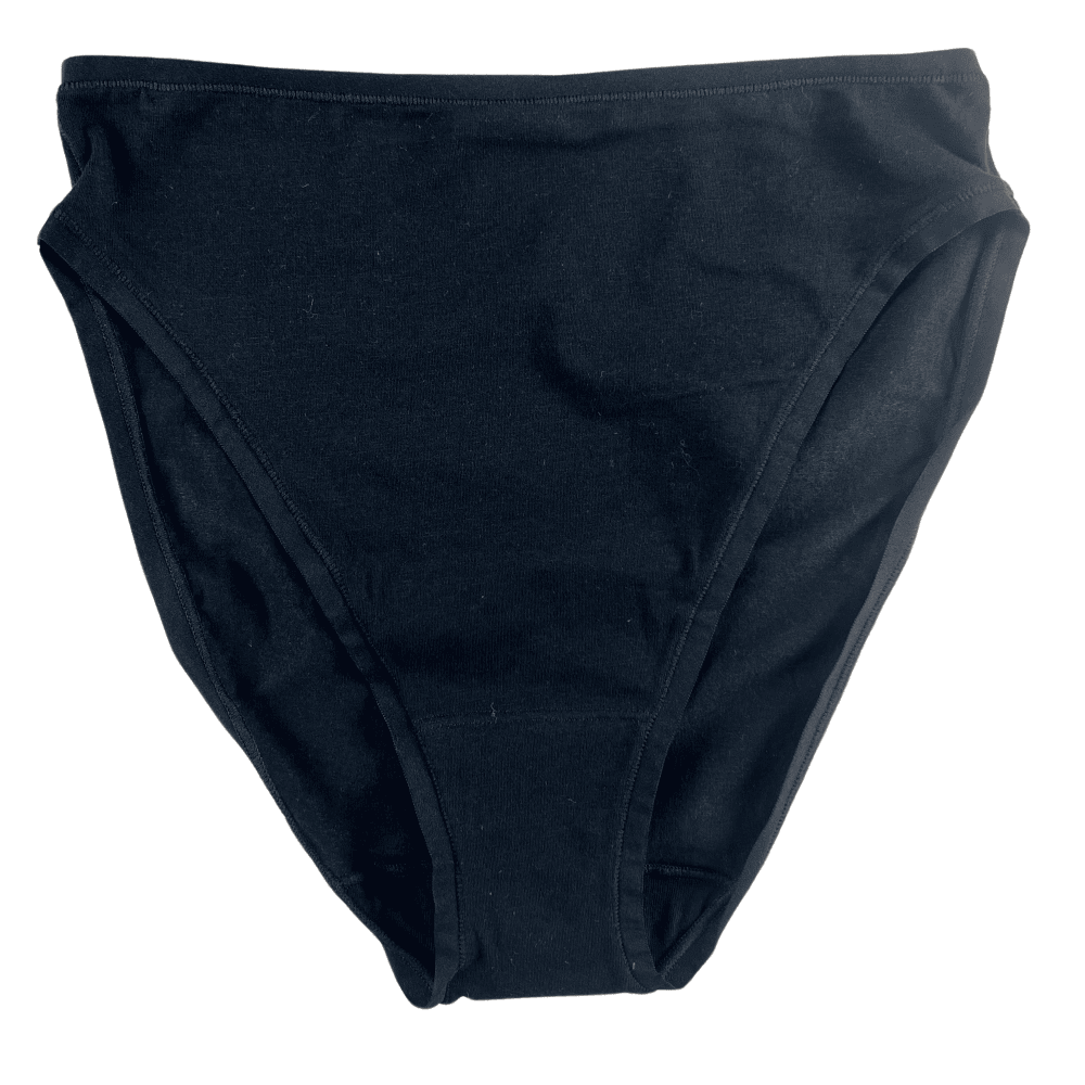 Natori bliss bare cotton high cut brief in black, front close-up on a white background.