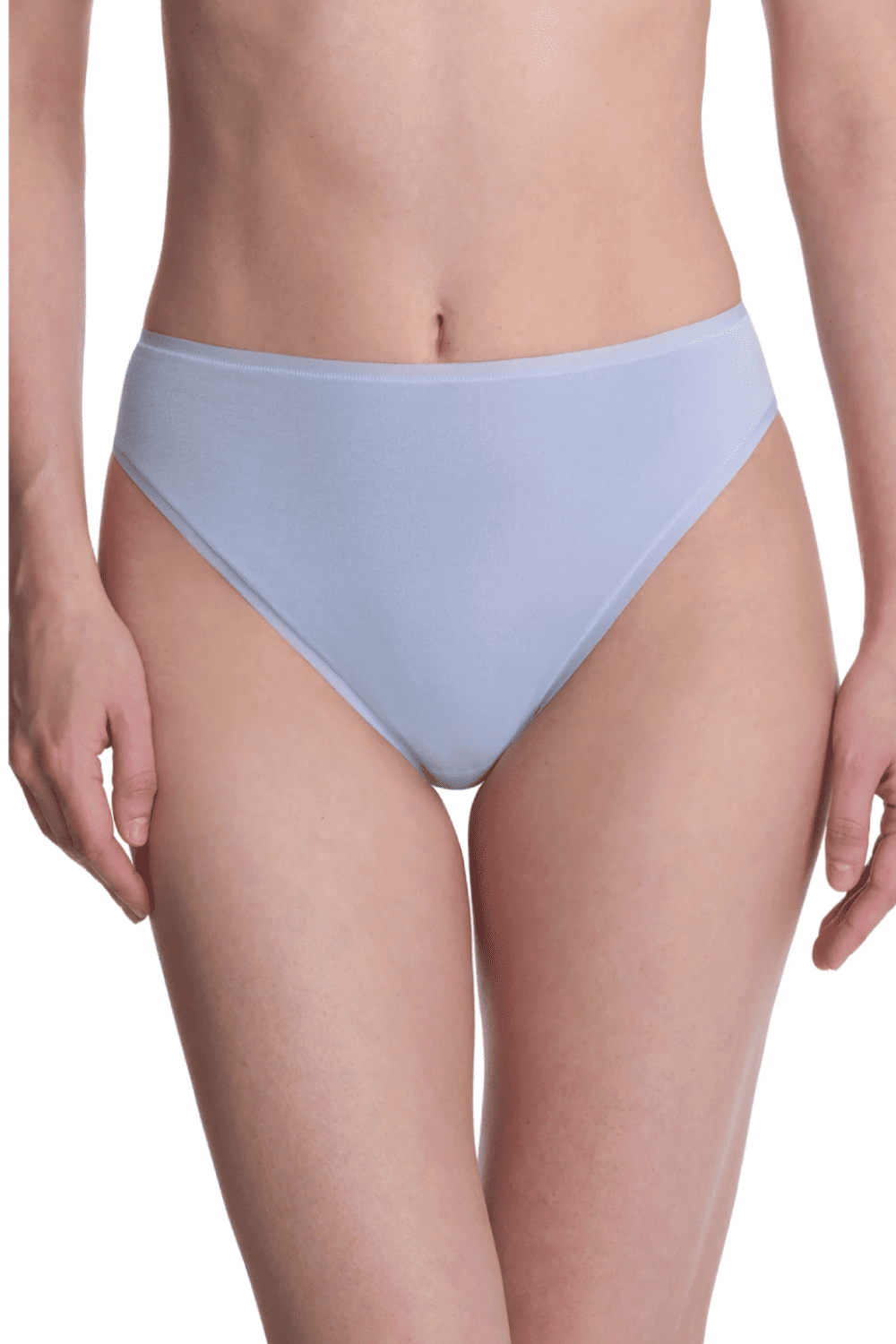 Natori bliss bare cotton high cut brief in glacier blue, front view on a model, close-up.
