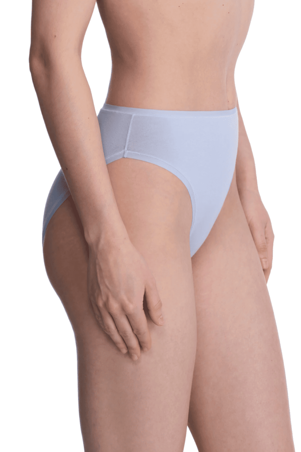Natori bliss bare cotton high cut brief in glacier blue, side view on a model, close-up.