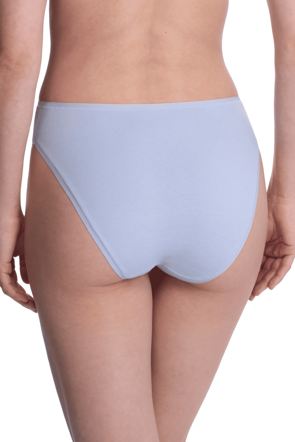 Natori bliss bare cotton high cut brief in glacier blue, back view on a model, close-up.