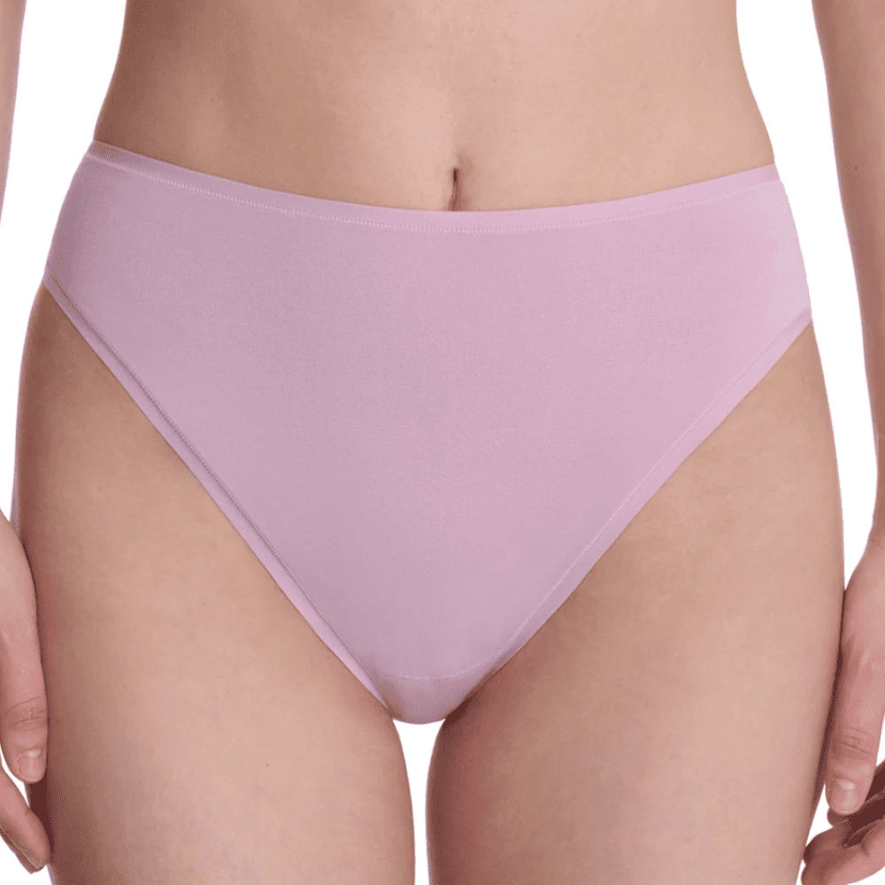 Natori bliss bare cotton high cut brief in rose mist, front view on a model, close-up.