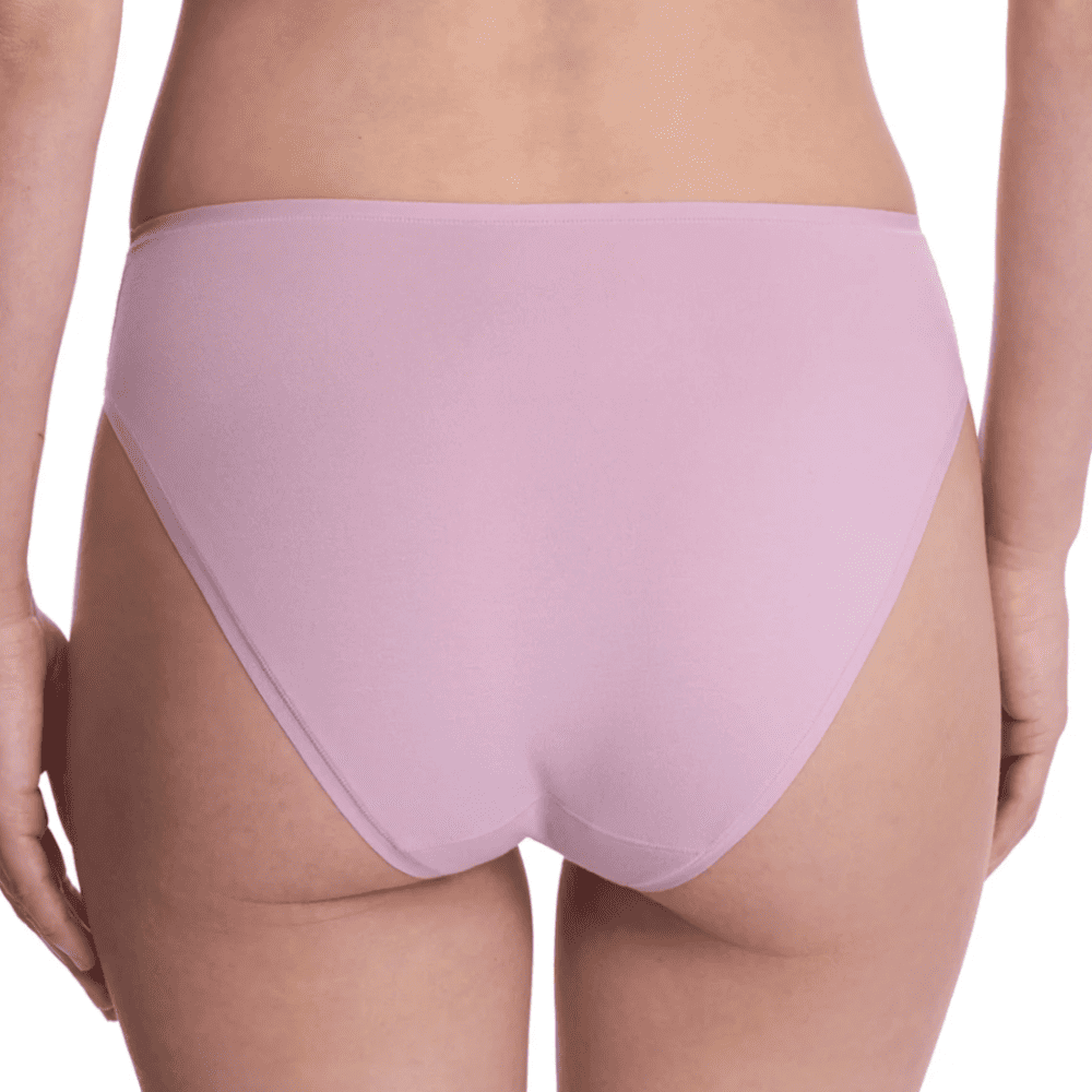 Natori bliss bare cotton high cut brief in rose mist, back view on a model, close-up.