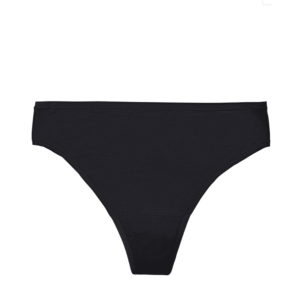 Natori bliss bare cotton thong in black, front close-up on a white background.