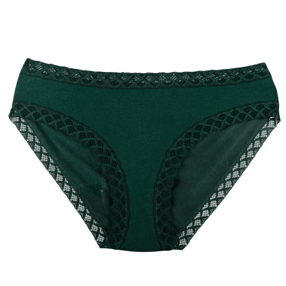 Natori Bliss girl brief in dark forest, front view on a white background, close-up.