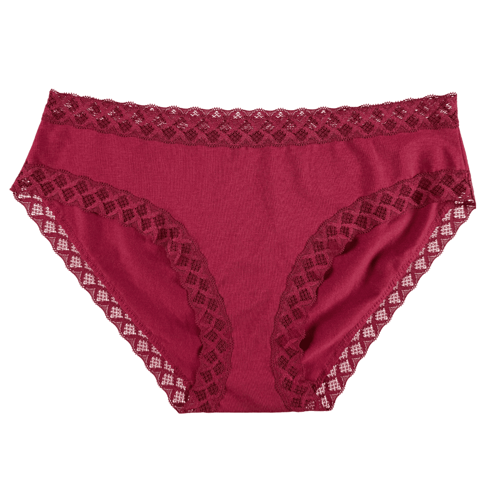 Natori Bliss girl brief in dark red, front view on a white background, close-up.