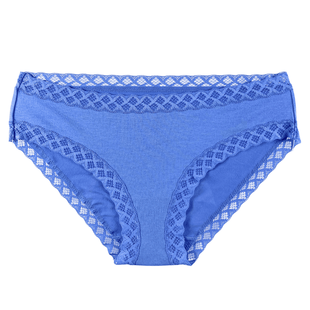 Natori Bliss girl brief in french blue, front view on a white background, close-up.