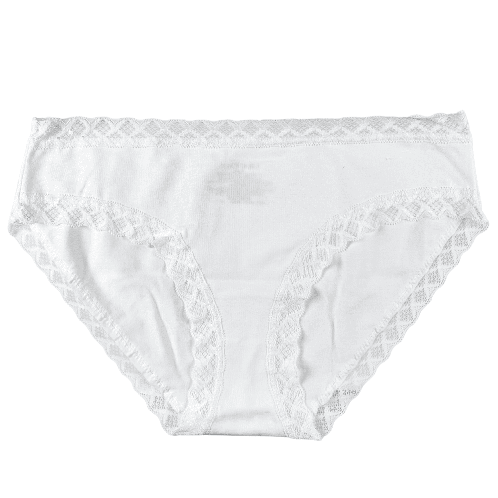 Natori Bliss girl brief in white, front view on a white background, close-up.