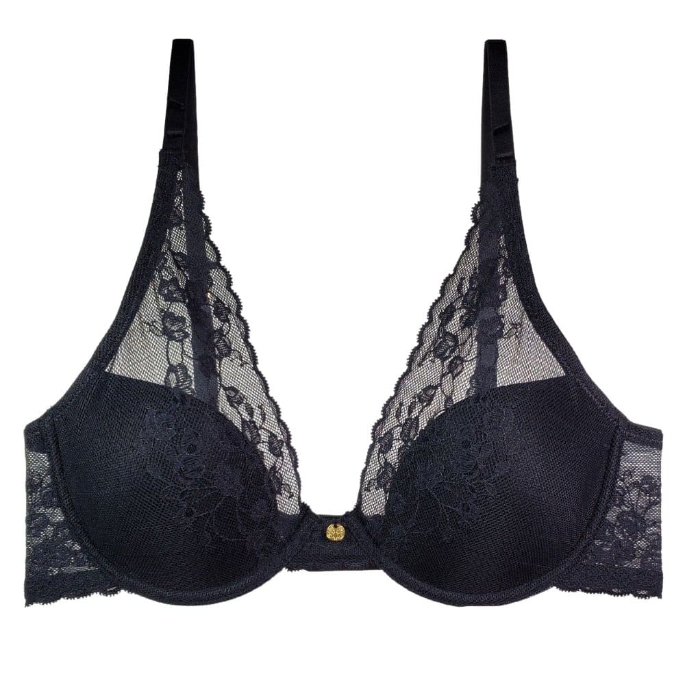 Natori Cherry Blossom convertible bra in black, close-up front view on a white background.