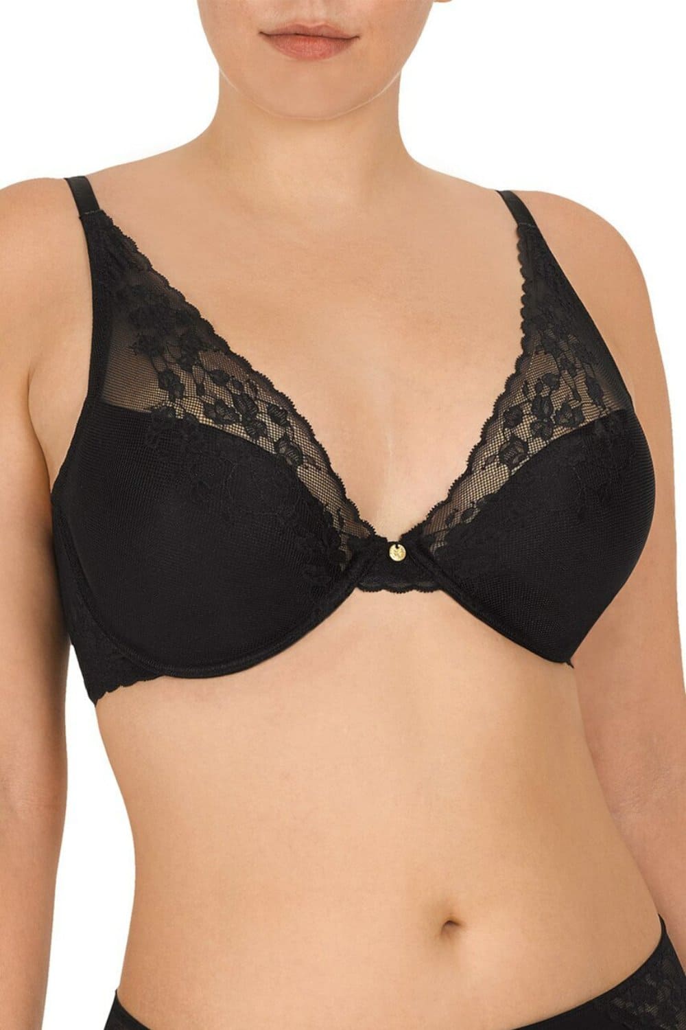 Natori Cherry Blossom convertible bra in black, close-up front view on a model.
