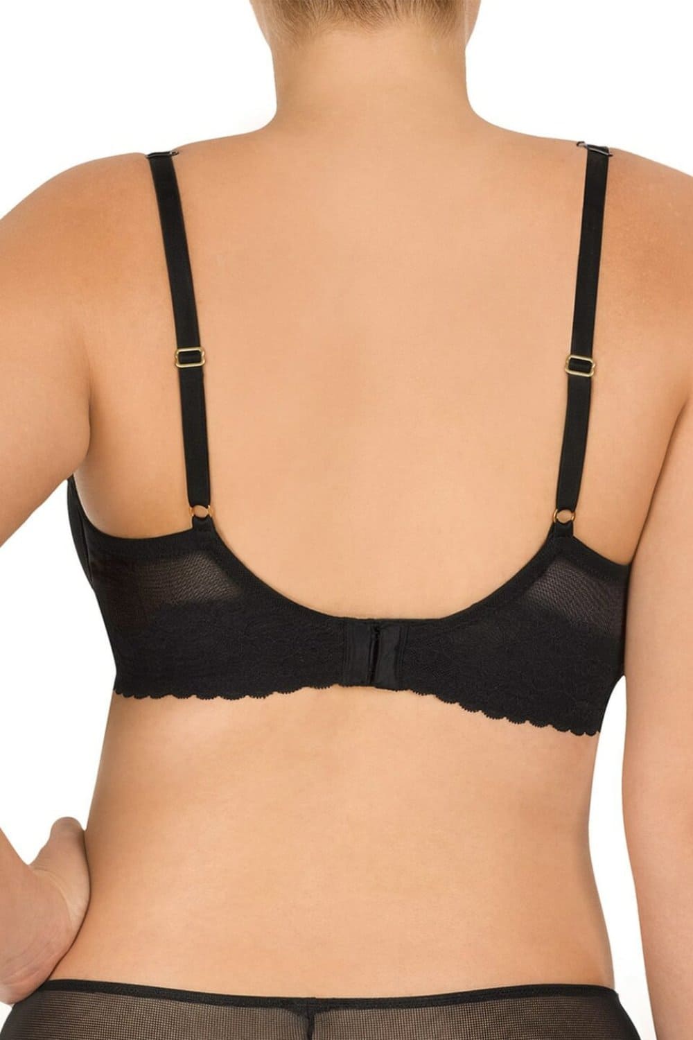 Natori Cherry Blossom convertible bra in black, close-up back view on a model.