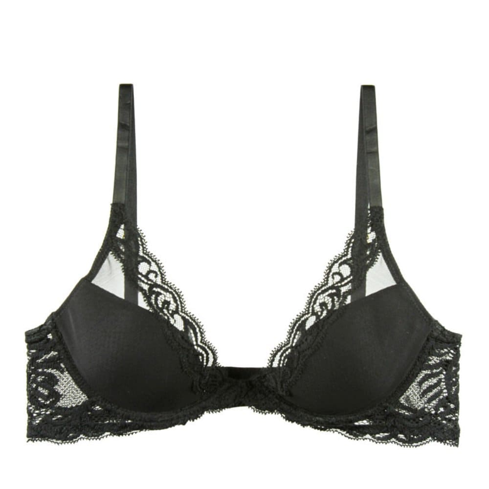 Natori Feathers contour plunge bra in black, close-up front view on a white background.