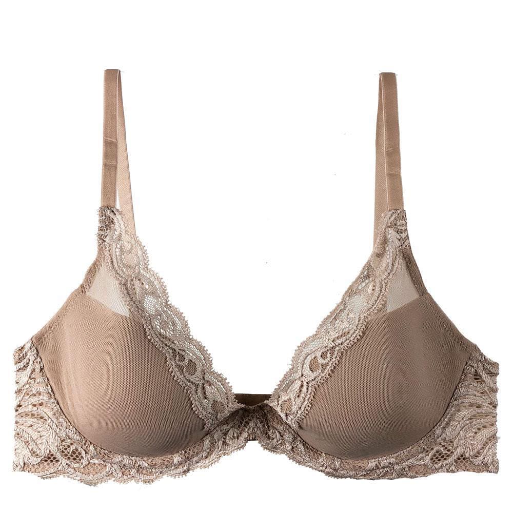 Natori Feathers contour plunge bra in cafe, close-up front view on a white background.