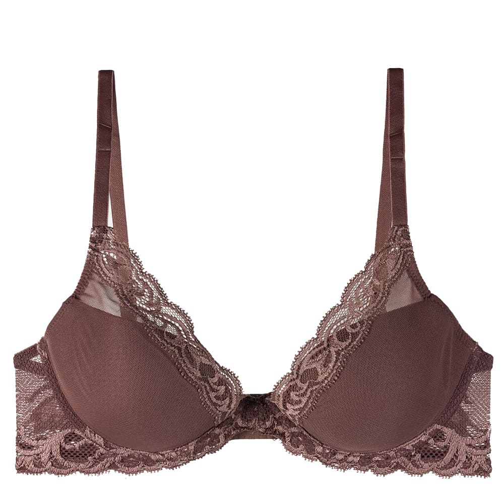 Natori Feathers contour plunge bra in cinnamon, close-up front view on a white background.