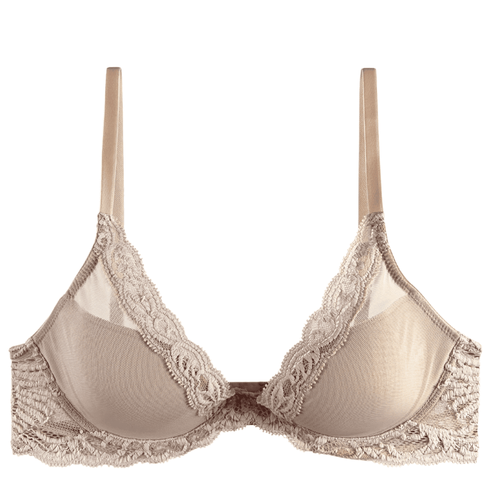 Natori Feathers contour plunge bra in cosmetic, close-up front view on a white background.
